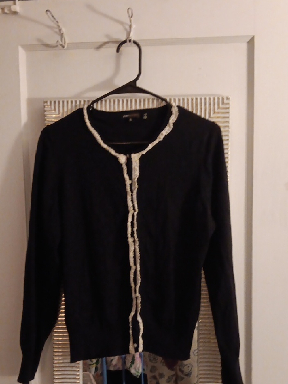 BCBGMaxAzria Black Button Front Cardigan with Cream Lace Trim